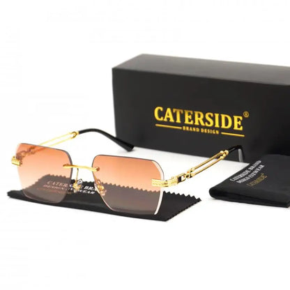 Caterside Rimless Pilot Sunglasses Men Square Metal Frame Women Glasses Travel Party Business UV400 Eyewear Choice for Gifts