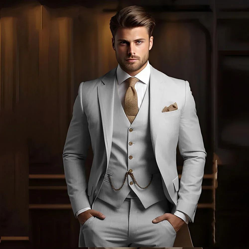 Formal Men's Suits for Groom 3 Pieces Khaki Wedding Groom Tuxedo Slim Fit 2025 Male Fashion Suit Jacket with Pants Vest