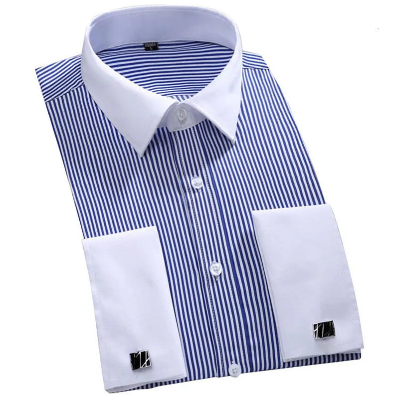 M~6XL Men's French Cuff Dress Shirt White Long Sleeve Social Male Shirts Regular Fit Party Dinner Wedding Cufflinks Formal Shirt