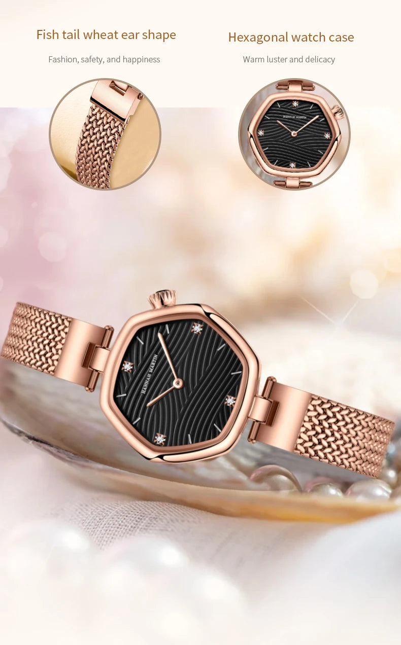 Hannah Martin Top Brand Women Stainless Steel Mesh With White Rose Gold Clock Original Japanese Quartz Movement Luxury Watches