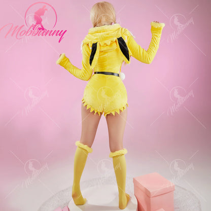 Mobbunny PM Derivative Cosplay Costume Women Sexy Lingerie Bodysuit Plush Hooded Romper and Socks with Belt and Scarf  Halooween