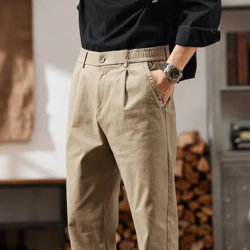 2025 New in Men's Straight Pant Elastic Waist Chino Trouser Cargo Male Regular Fit Cotton Stretch Spring Casual Korean Golf Wear