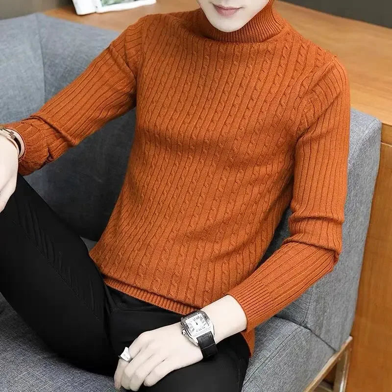 2025 Korean Slim Solid Color Turtleneck Sweater Mens Winter Long Sleeve Warm Knit Sweater Classic Solid Casual Bottoming Shirt