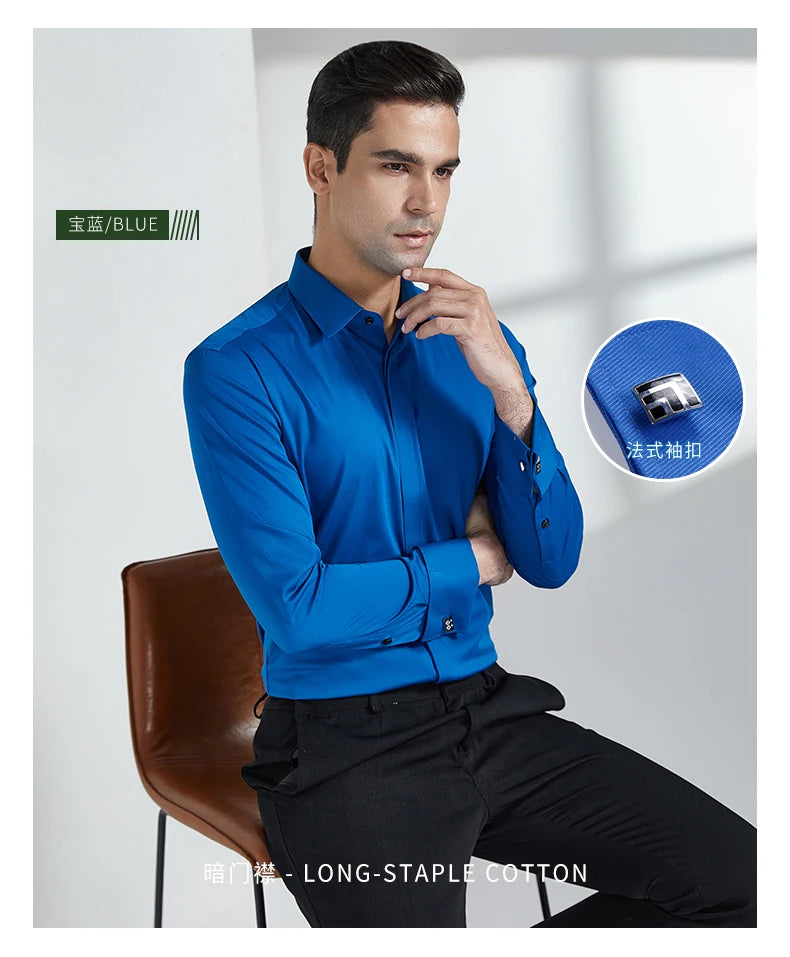 Men's French cufflink shirt with long sleeves slim fit concealed buttons solid color high-end wedding dress formal men's