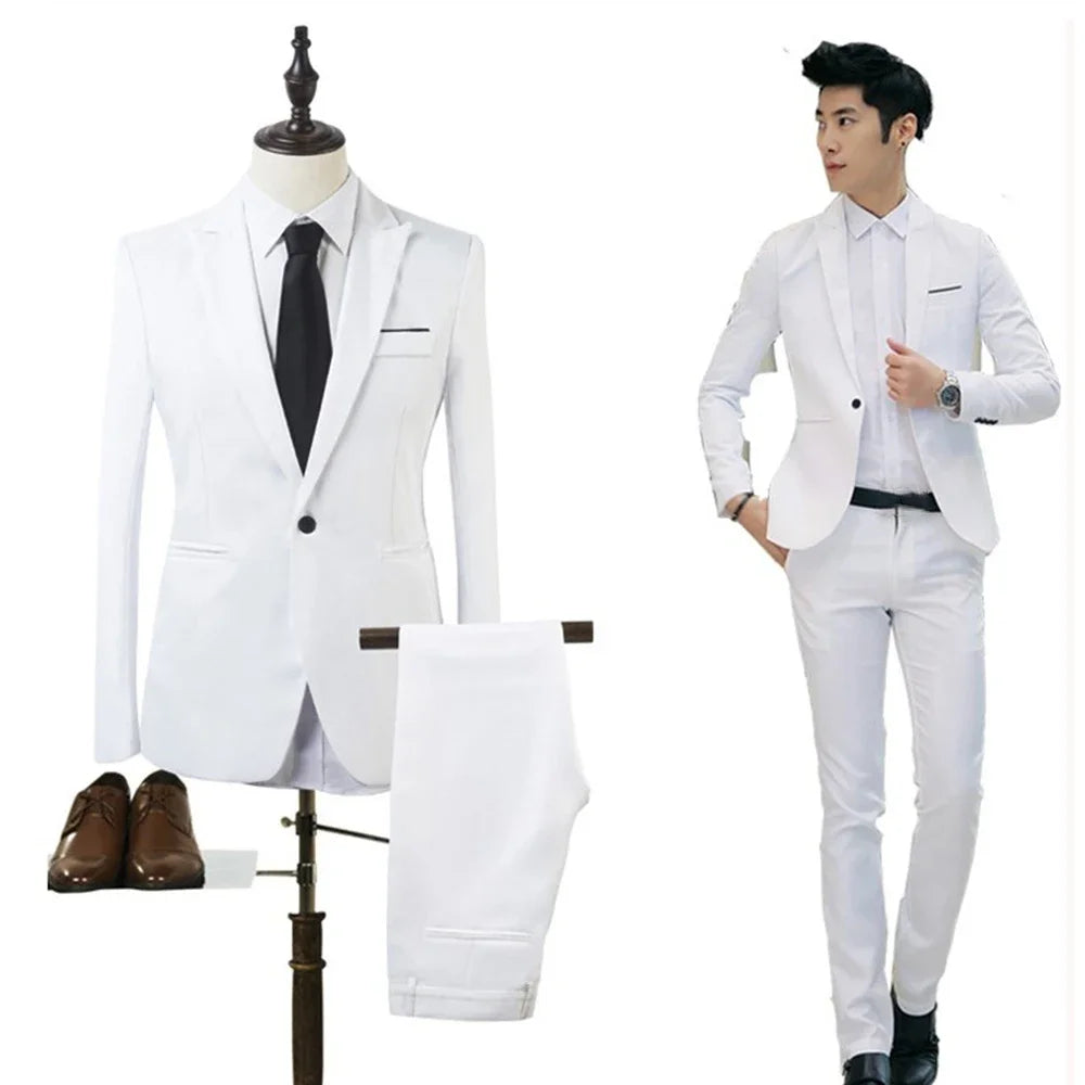 2pcs Coat Pants Men Suit Formal Blazer M~2XL Party Polyester Tuxedos Wedding Business Suit Coat + Pants Comfortable (no shoe)