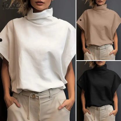 Women Fashion OL Work Shirt 2025 ZANZEA Summer Elegant Turtleneck Short Sleeve Blouse Casual Loose Office Tops Party Blusas