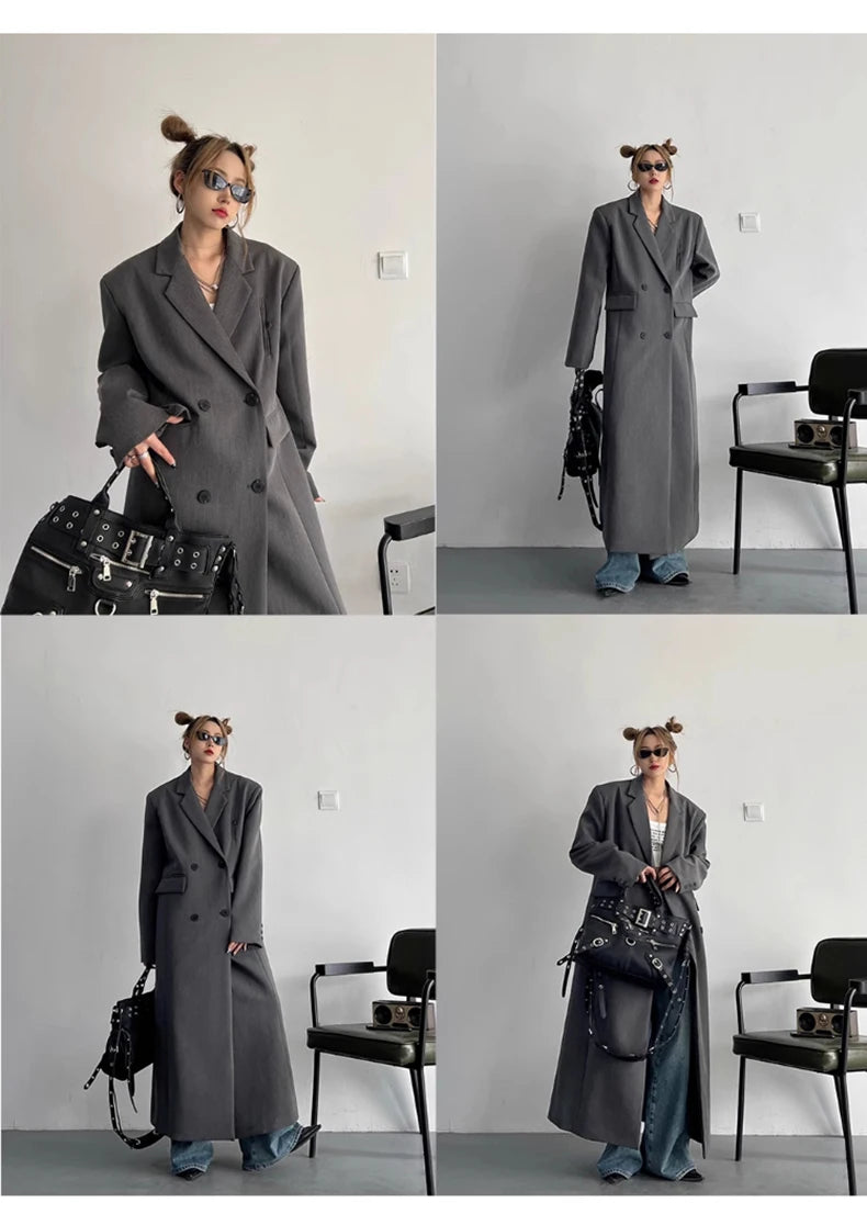 Lautaro Spring Autumn Long Grey Black Trench Coat for Women Double Breasted Loose Casual Korean Fashion Clothing Blazer 2025