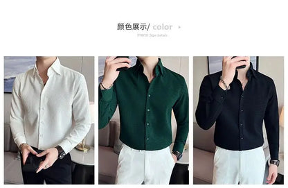 Waffle Spring Autumn Men's Shirt Casual and Slim Long Sleeve Solid Polo Neck Shirt Non Iron Wrinkle Resistant Business Tops