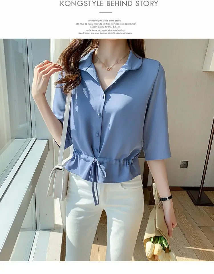 Summer Women All-match Solid Turn-down Collar Half Sleeve Chiffon Shirt Fashion Casual Shirring Single-breasted Blouses Female