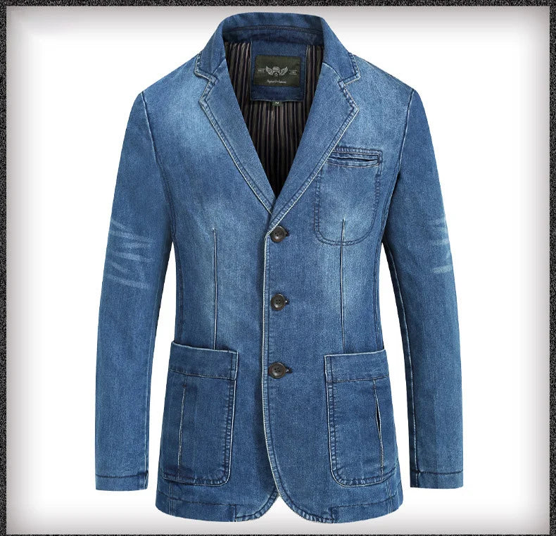 Men's New Blue Denim Suit Jacket with Loose Long Sleeved Design V-neck Casual Coats Black Gray Blazers M-XXXXL