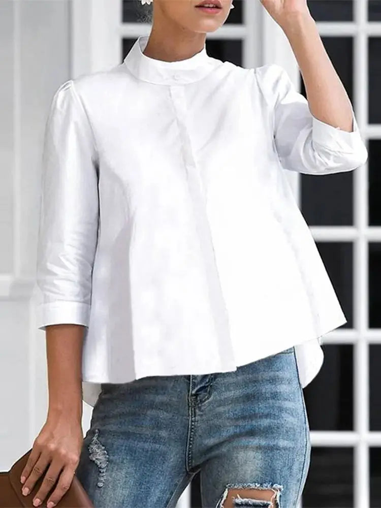 ZANZEA 2025 Summer Office Lady Blouse Stand Collar Casual Tops Women Solid Color Blusas 3/4 Sleeve Street Buttons Fashion Shirts