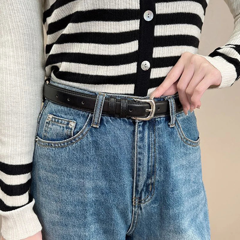 1pcs Women's Belt Fashion Pin Buckle Thin Belt Genuine Luxury Soft Belt Women with Cargo Pants Jeans Belts Black PU Leather Belt