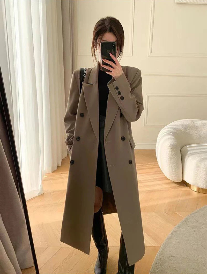 Long Trench Coat Women Office Lady Elegant Double Breasted Blazer Jacket Streetwear Overcoats Korean Harajuku Casual Windbreaker