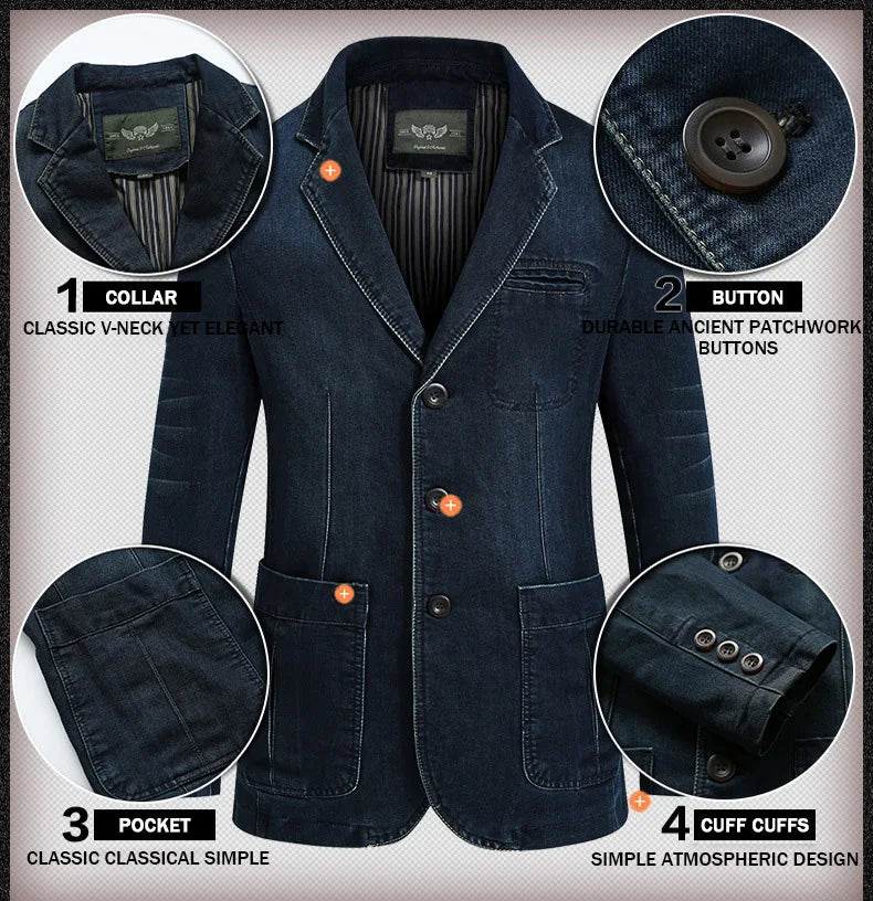 Men's New Blue Denim Suit Jacket with Loose Long Sleeved Design V-neck Casual Coats Black Gray Blazers M-XXXXL