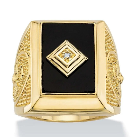 Dazzling Gold Color Square Metal Black White Stone Ring Fashion Party Men Rings Jewelry