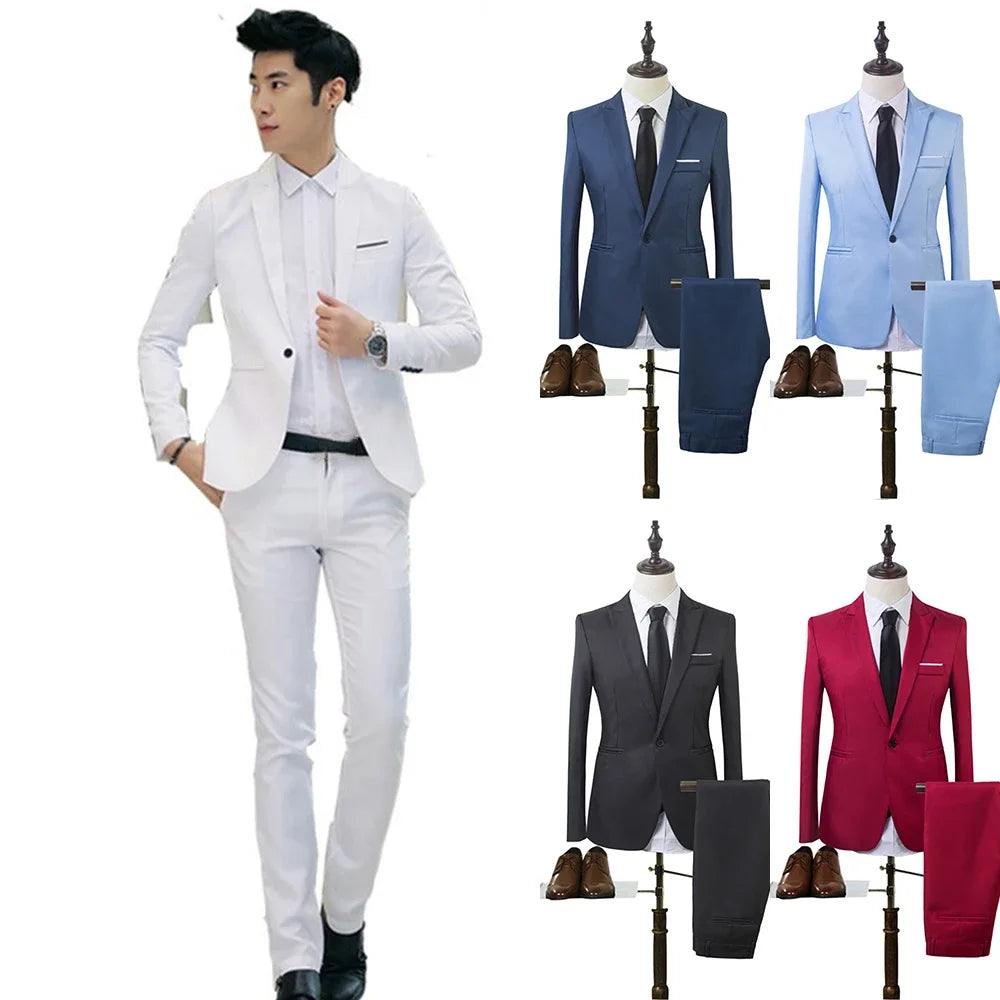 Blazer+Pants 2Pcs/set Men's Formal Blazer Jackets Coat Pants Tuxedos Wedding Slim Business Dress Suit Clothing for Man