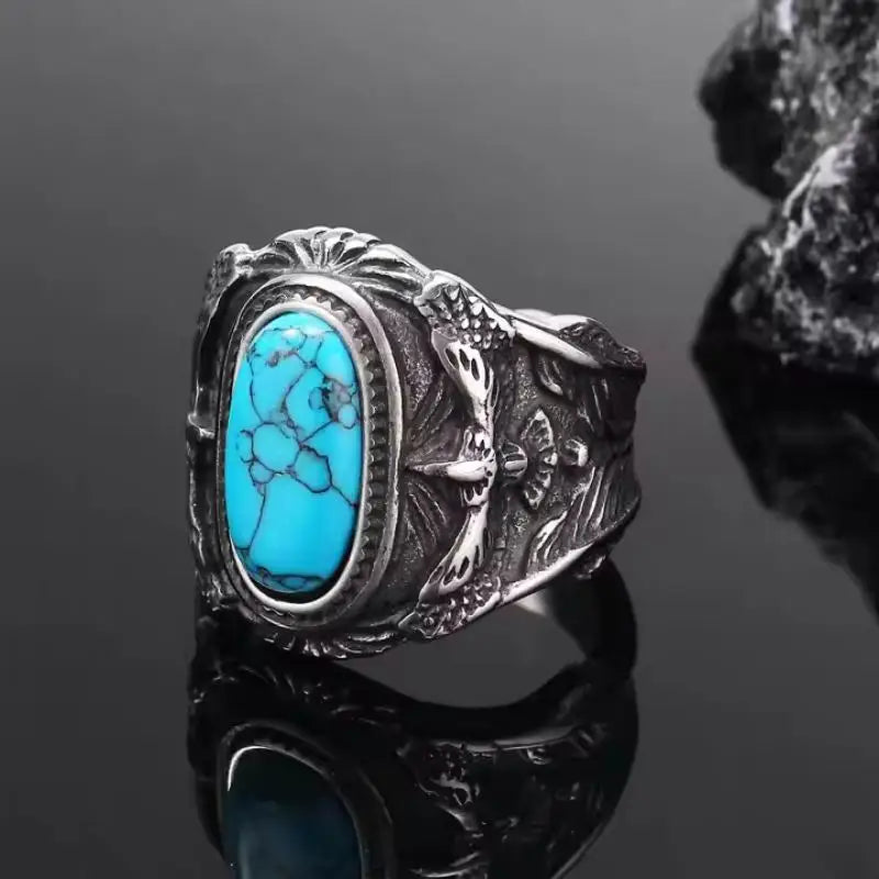 New Ring Gemstone Fashion Turquoise Men's Ring Inlaid with Blue Zircon Eagle Domineering Men's Jewelry, The Best Exquisite Gift