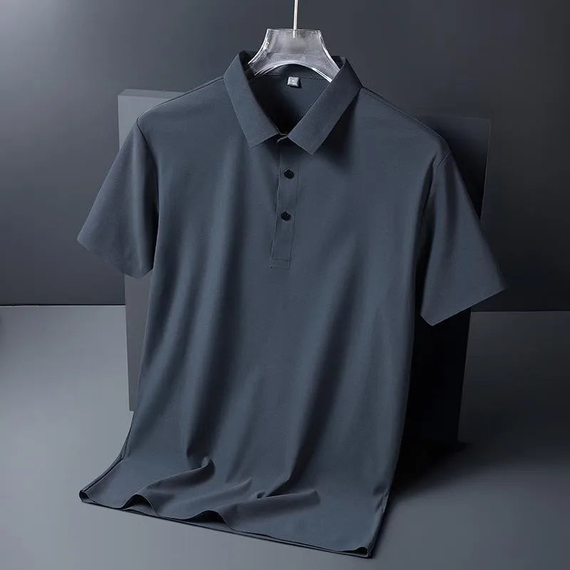 Golf Solid Ice Silk Traceless Silk Loose Polo Shirt Short Sleeve T-shirt Men's Elastic Ironless Thin Polo Neck Light Luxury