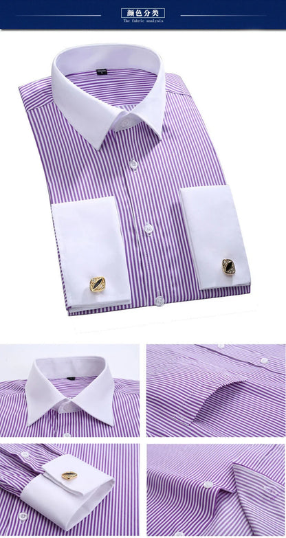 M~6XL Men's French Cuff Dress Shirt White Long Sleeve Social Male Shirts Regular Fit Party Dinner Wedding Cufflinks Formal Shirt