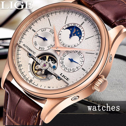 LIGE Men Watches Automatic Mechanical Watch Tourbillon Clock Genuine Leather Waterproof Watch Men Military Wristwatch Man