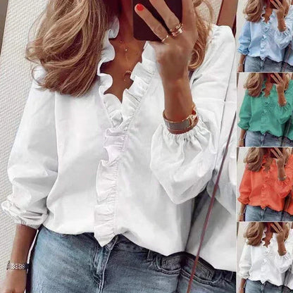 2025 Vintage Ruffles Women Blouses Autumn Long Sleeve Office Lady Elegant Tops Cotton Casual Tops V-neck Shirt Clothing