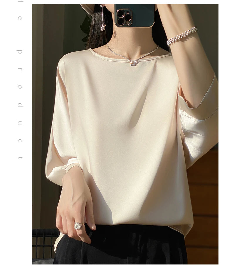 New Acetic Satin Nine-Sleeve T-shirt in Summer Women's Round Neck Loose Large Size Wide Sleeves Outside