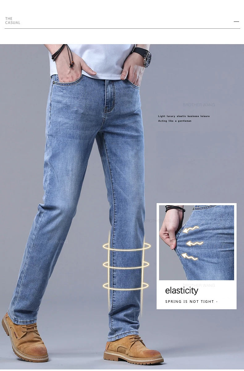 Spring Men's Light Blue Slim Jeans Stylish Casual Stretch Fabric Denim Pants Classic Trousers Smoke Gray