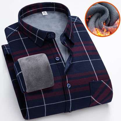 Autumn Winter Thicken Fleece Shirt Men Business Plaid Shirt Long Sleeve Warm Clothes Turn Down Collar Button Up Shirts Classic