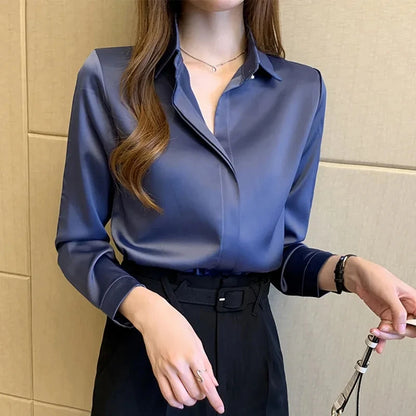 Satin Women Shirt Vintage Long Sleeve Blouse Women Silk Elegant Womens Tops Commuting Luxury White Shirt Autumn Female Clothing