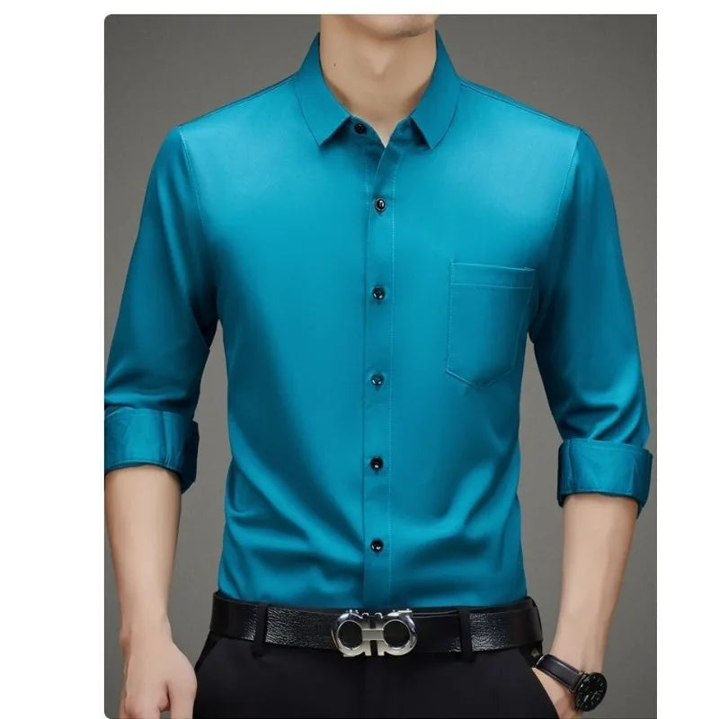 100% Mulberry Silk Shirt Men High Quality Long Sleeve Pocket High-end Business Casual Elastic Anti-wrinkle Non-iron Mens Shirts