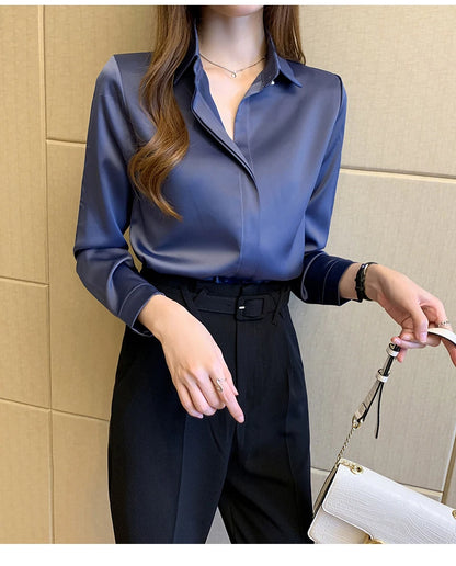 Satin Women Shirt Vintage Long Sleeve Blouse Women Silk Elegant Womens Tops Commuting Luxury White Shirt Autumn Female Clothing