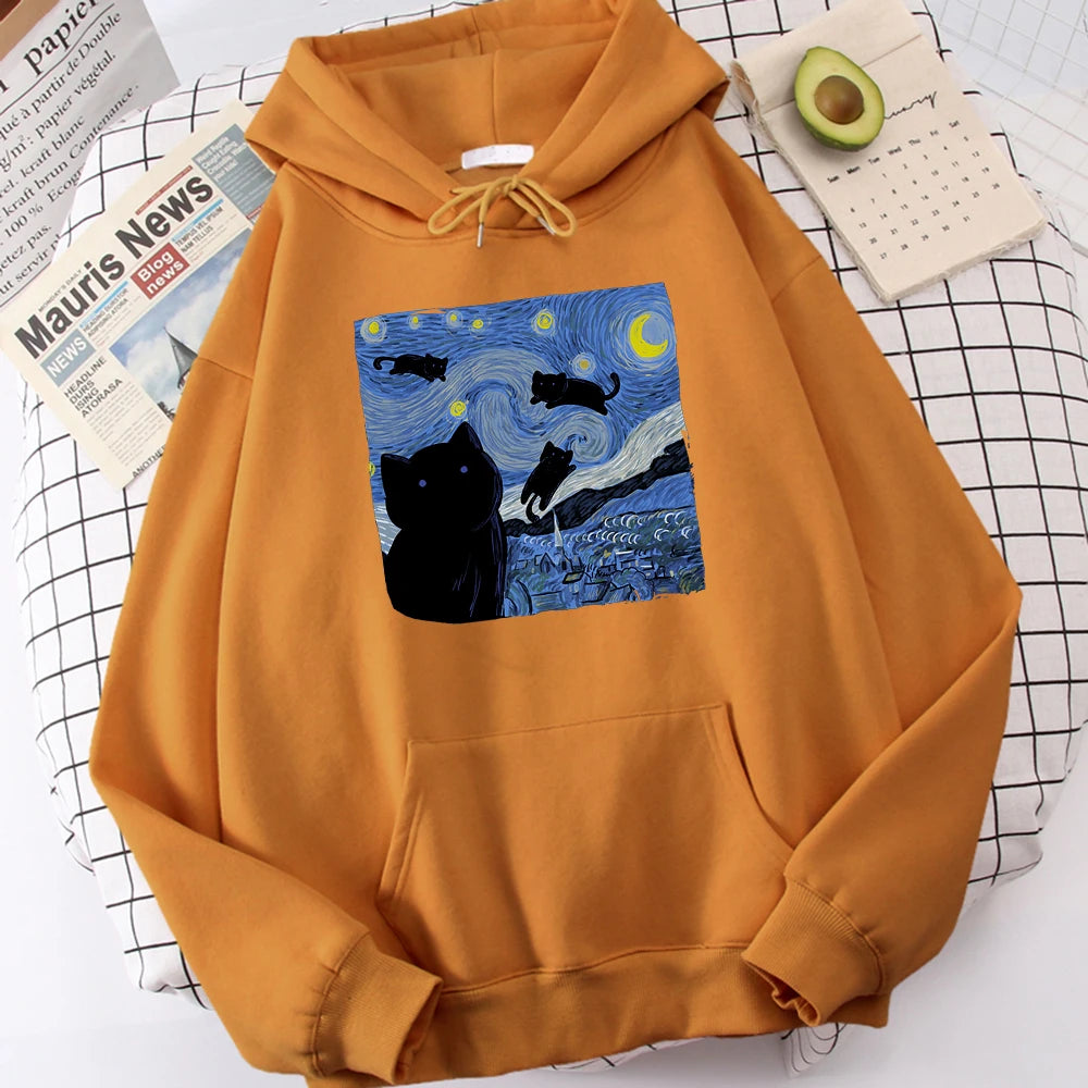 The Starry Cat Night Printing Hoodies Men Autumn Oversize Hoodie Fashion Fleece Sweatshirts Casual S-Xxl Pullover Tops