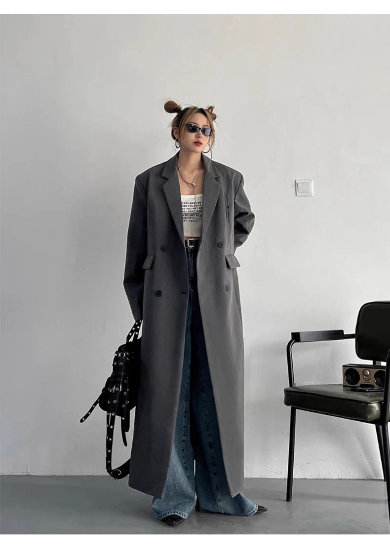 Lautaro Spring Autumn Long Grey Black Trench Coat for Women Double Breasted Loose Casual Korean Fashion Clothing Blazer 2025