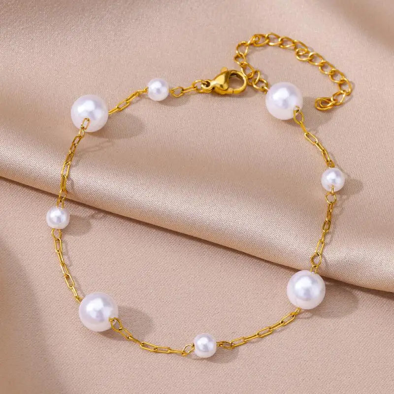 Anklets for Women Summer Beach Accessories Stainless Steel Imitation Pearl Chain Anklet Gold Color Leg Bracelets Bodychain Gifts