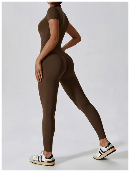 Yoga Set Women's Jumpsuits One-Piece Suit Zipper Short Sleeve Gym Push Up Workout Clothes Fitness Bodysuit Sportswear Tracksuit