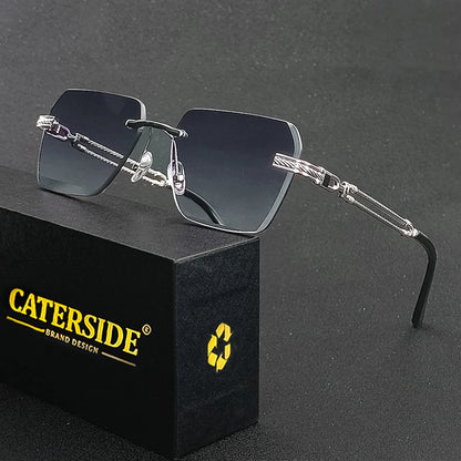 Caterside Rimless Pilot Sunglasses Men Square Metal Frame Women Glasses Travel Party Business UV400 Eyewear Choice for Gifts