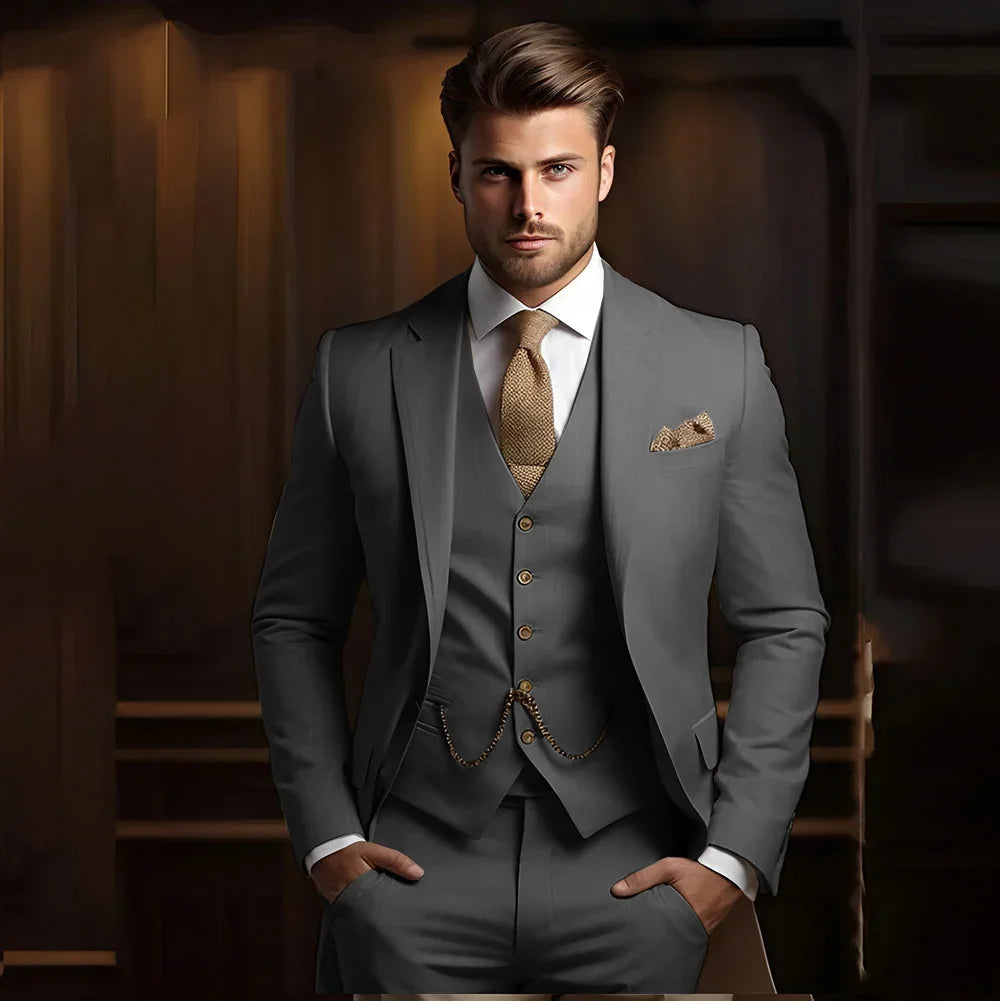 Formal Men's Suits for Groom 3 Pieces Khaki Wedding Groom Tuxedo Slim Fit 2025 Male Fashion Suit Jacket with Pants Vest