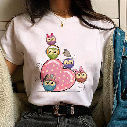 Owl T-shirt Girl Aesthetic Graphic Women Retro Comfortable T-shirt Pop Culture Colorful Kawaii Psychedelic Punk 2000s