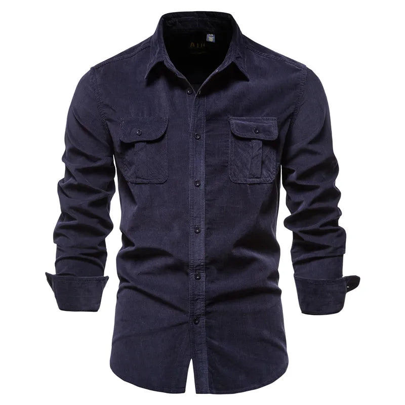 2021 New Single Breasted 100% Cotton Men's Shirt Business Casual Fashion Solid Color Corduroy Men Shirts Autumn Slim Shirt Men