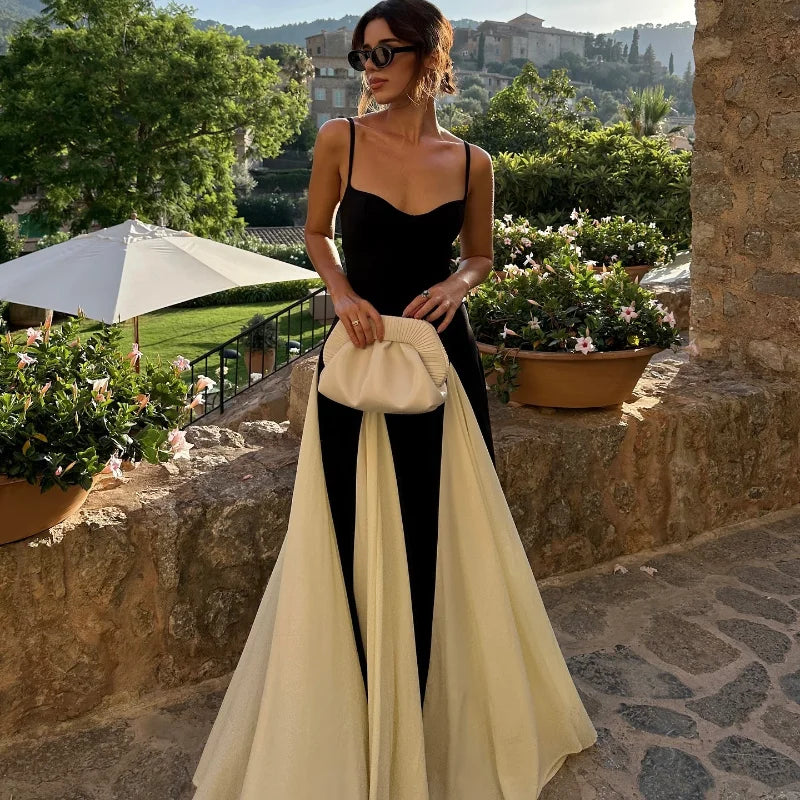 Fashion Contrast Women's V-neck Sling Long Dress For Women Elegant Pleated Backless Sleveless Maxi Dresses Lady Evening Vestidos