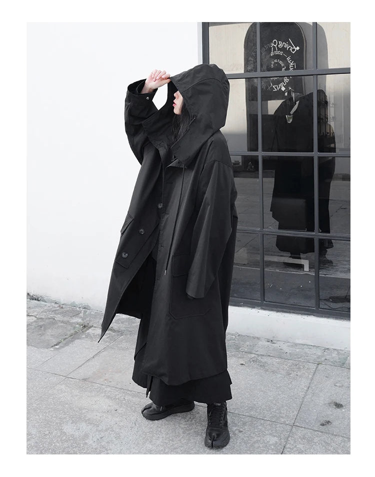 Lautaro Spring Autumn Long Oversized Black Trench Coat with Hood  Dark Academia Aesthetic Luxury Designer Clothes for Women 2022