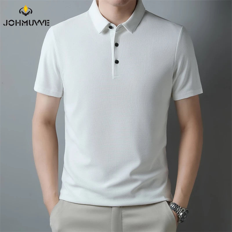 Men's Fashion Waffle Solid Short Sleeved Polo Shirt Summer Breathable Comfortable Top