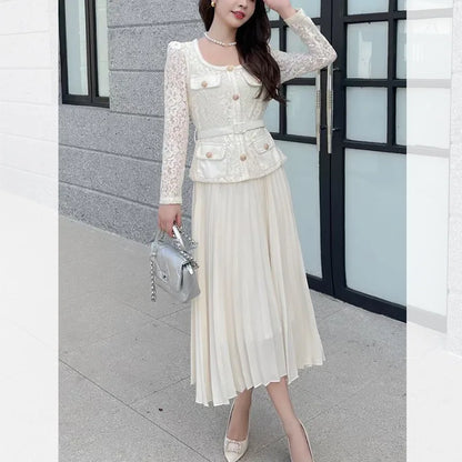 Runway Designer Summer Flower Embroidery Lace Chiffon Prom Dress Women Short Sleeve Single Breasted Midi Long Vestidos Party