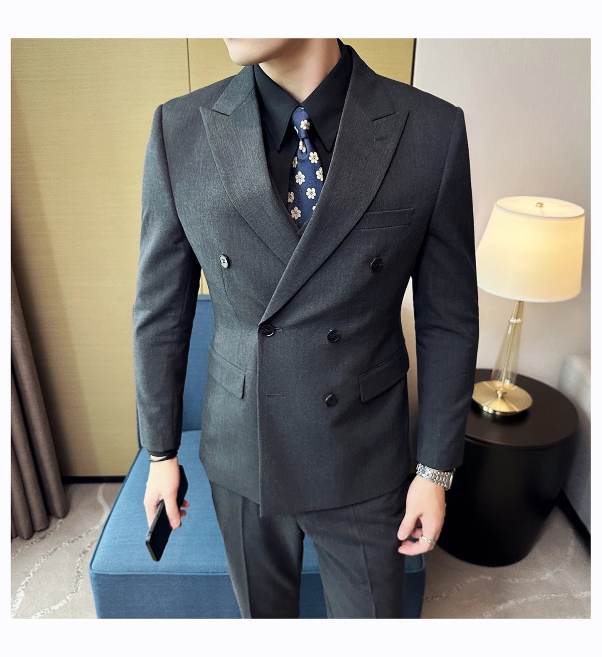 British Style Double Breasted Design Men's Suit Formal Business Slim Fit Casual Suits Sets Men Wedding Party Tuxedo 3 Pieces Set