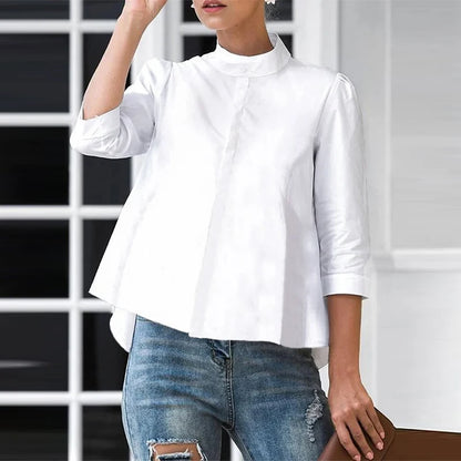 ZANZEA 2025 Summer Office Lady Blouse Stand Collar Casual Tops Women Solid Color Blusas 3/4 Sleeve Street Buttons Fashion Shirts