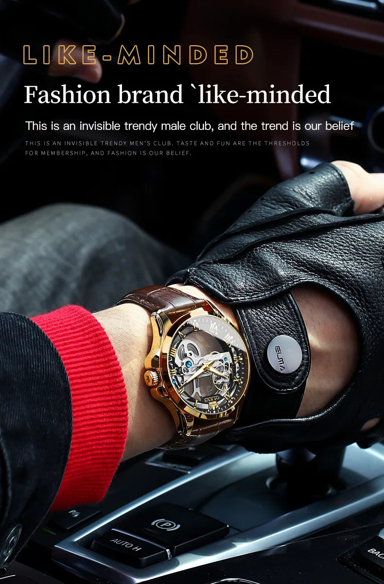 OLEVS Luxury Men Watches Automatic Mechanical Wristwatch Skeleton Design Waterproof Leather Strap Male Watch Reloj Hombre