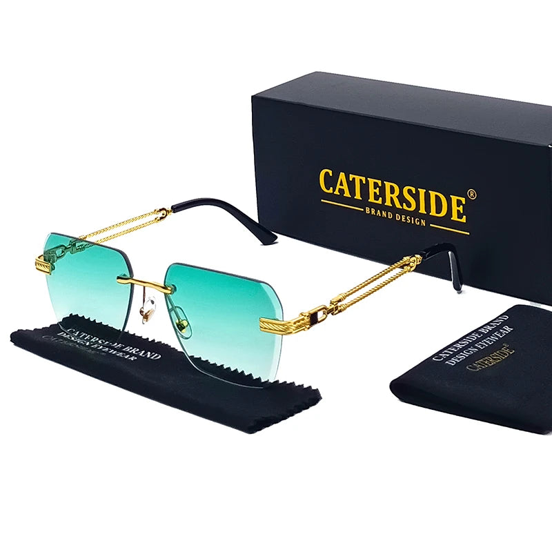 Caterside Rimless Pilot Sunglasses Men Square Metal Frame Women Glasses Travel Party Business UV400 Eyewear Choice for Gifts