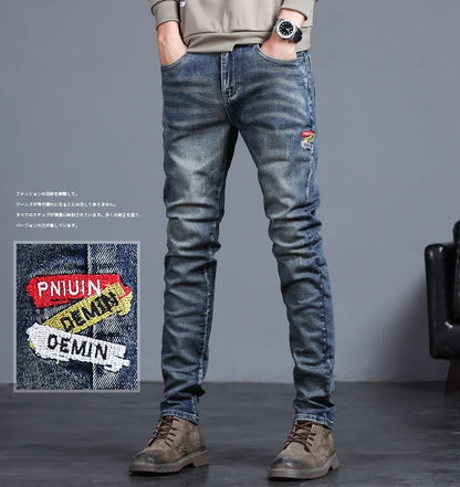 New Men's Vintage Jeans Korean Fashion Slim Little Feet Embroidered Trousers Stretch Male Streetwear Denim Pants