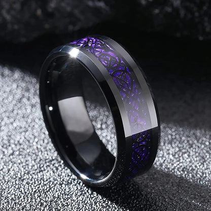 2023 Fashion Men Stainless Steel Dragon Ring Inlay Purple Black Carbon Fiber Ring Wedding Band Jewelry 8MM