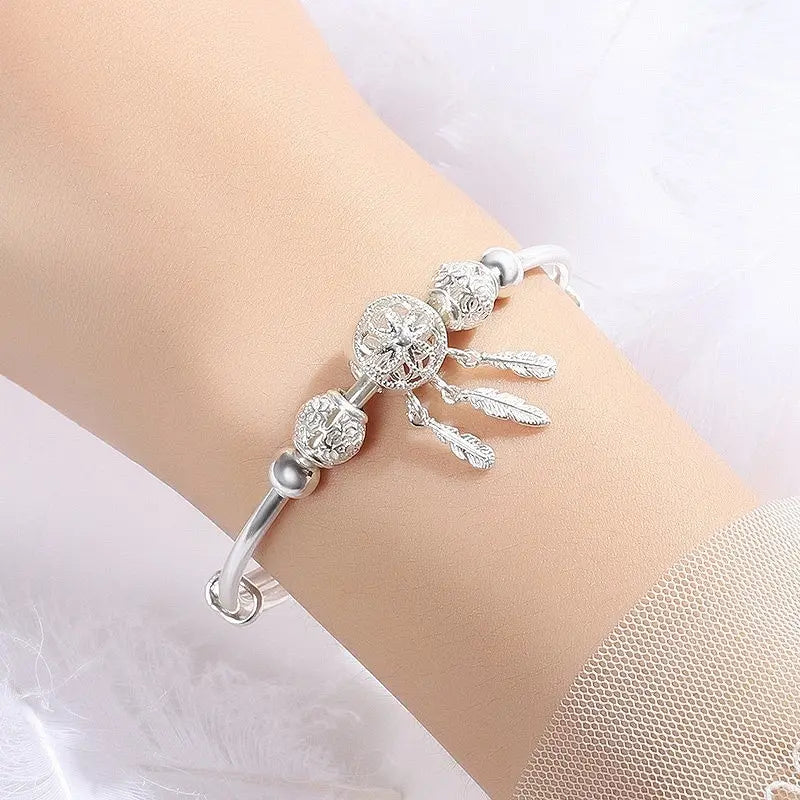 1pcs Copper Alloy Silver Plated Bracelet Ladies Cold Wind Dreamcatcher Leaves Tassel Turn Beads Jewelry